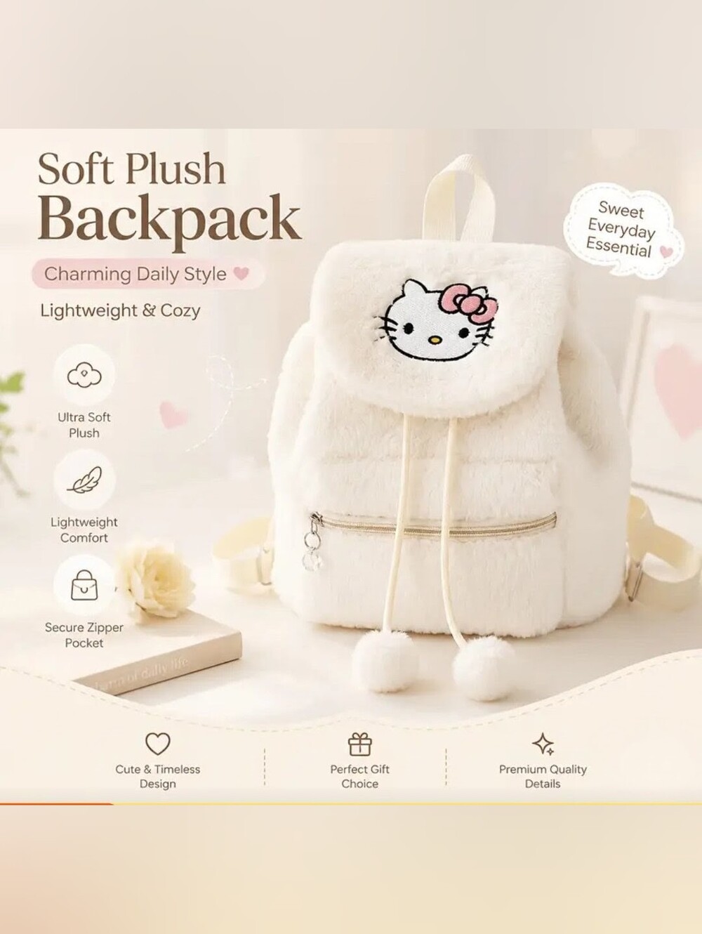 Hello Kitty Cream and Pink Plush Kids Backpack